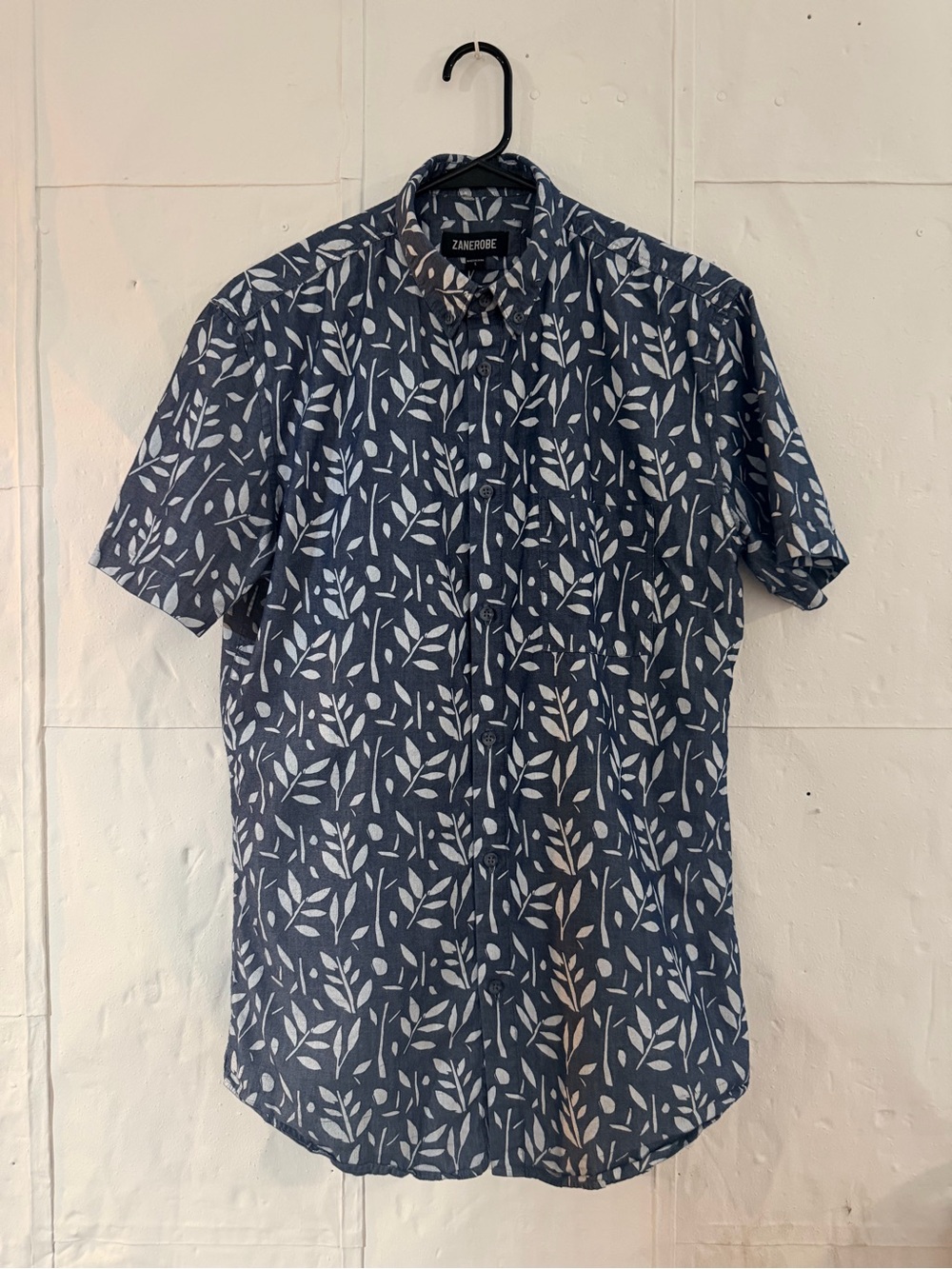 Zanerobe 100% cotton Navy Short Sleeve Leaf-Print Button Shirt